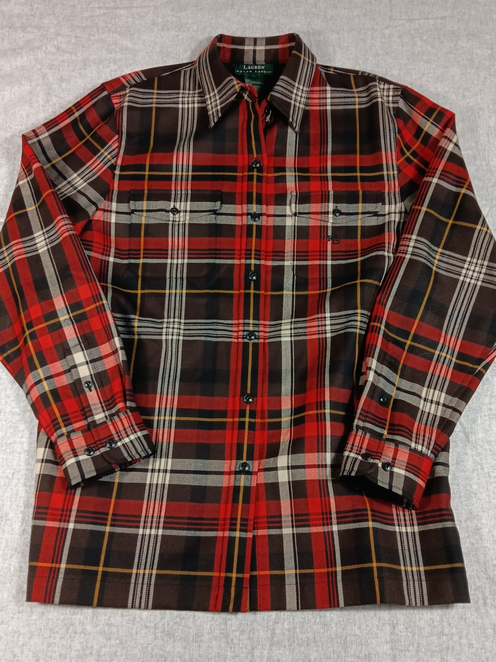 Lauren Ralph Lauren Red Brown Plaid Long-Sleeve Button-Up Shirt Size M